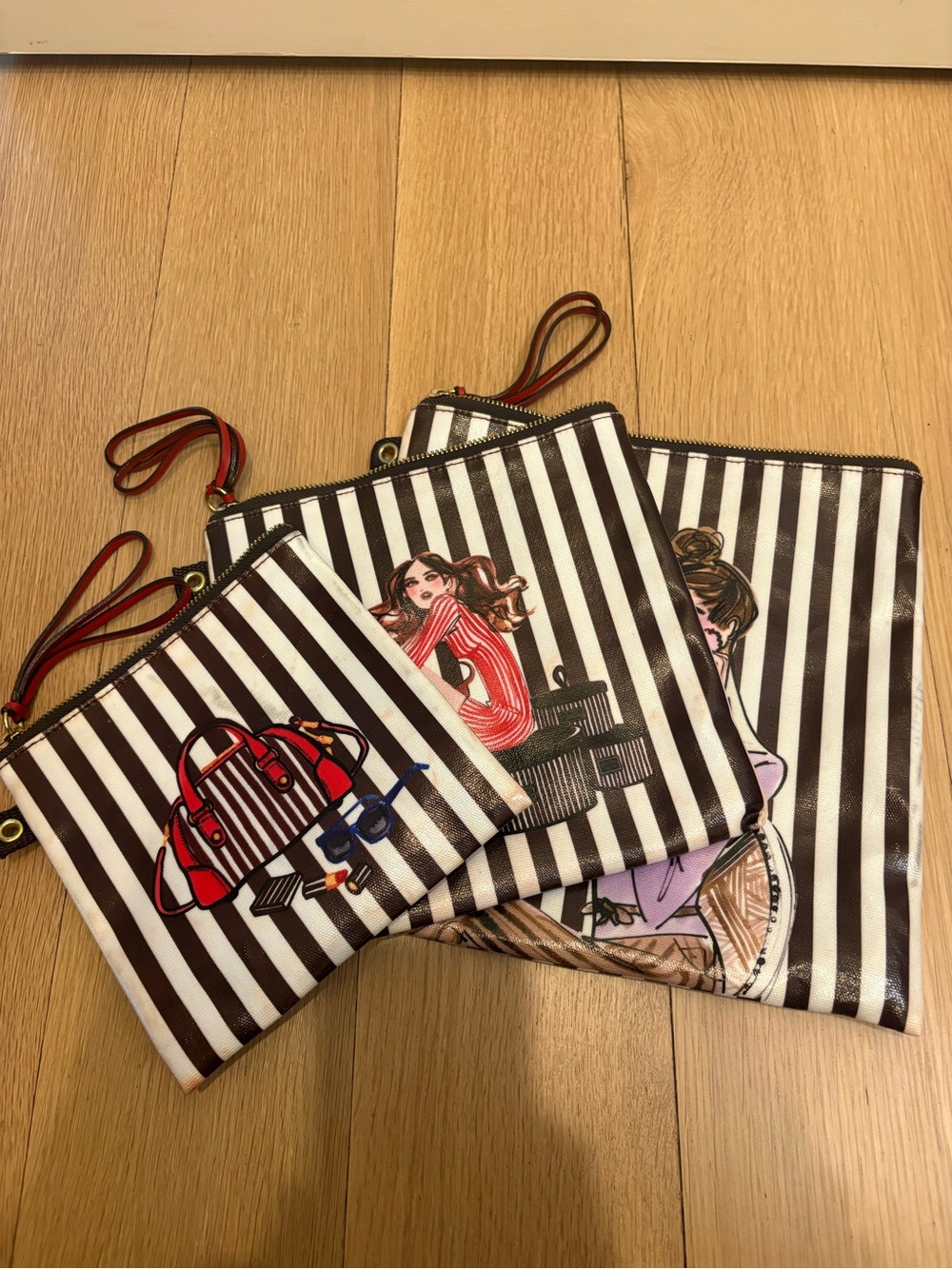 Henri Bendel Striped Cosmetic 3pc travel Pouch Set - brown & white